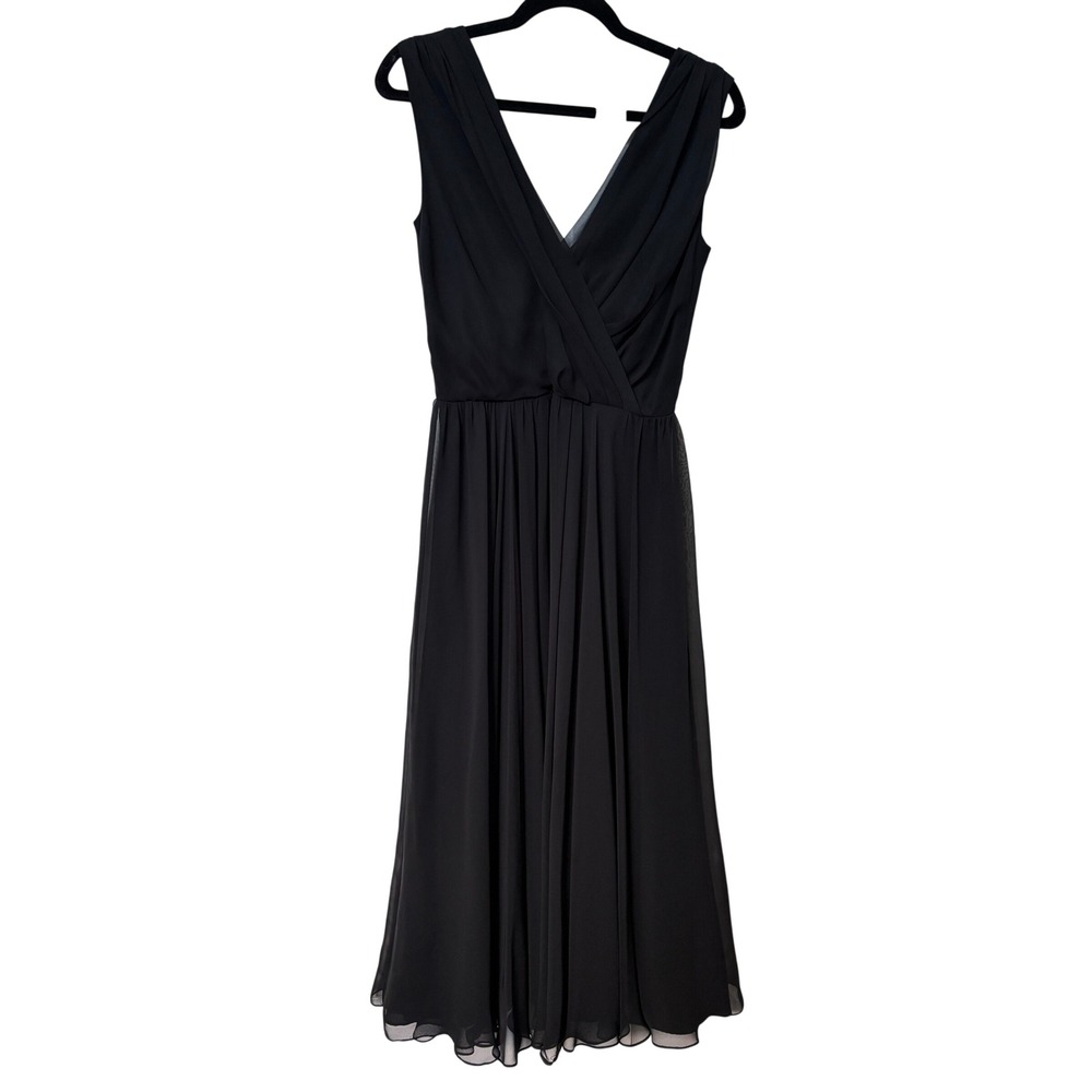 Holt Renfrew Black Chiffon Pleated V-Neck Midi Dress Womens 6 Made in Canada
